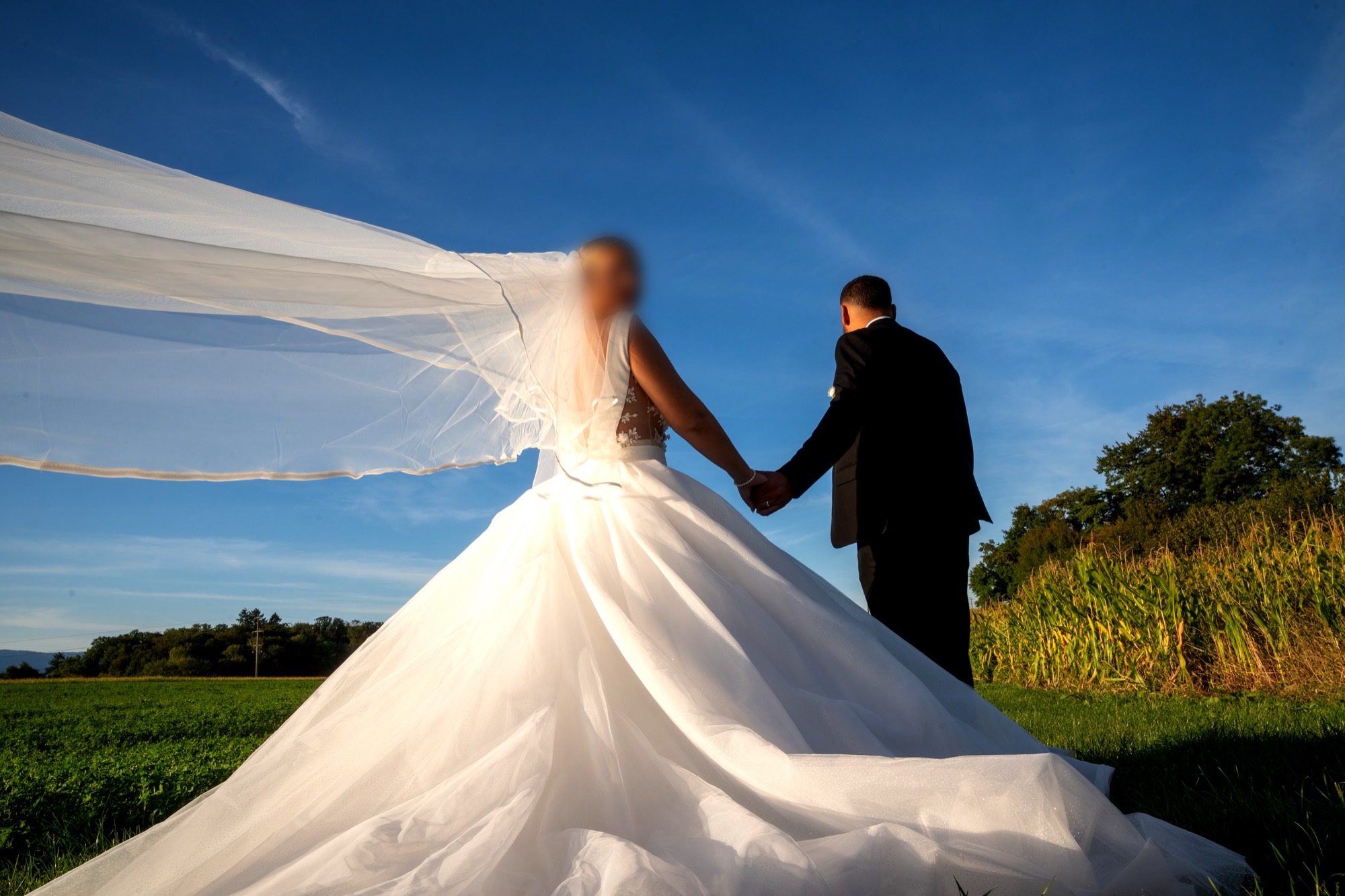 Les mariés, voile au vent dans un champ au coucher du soleil
